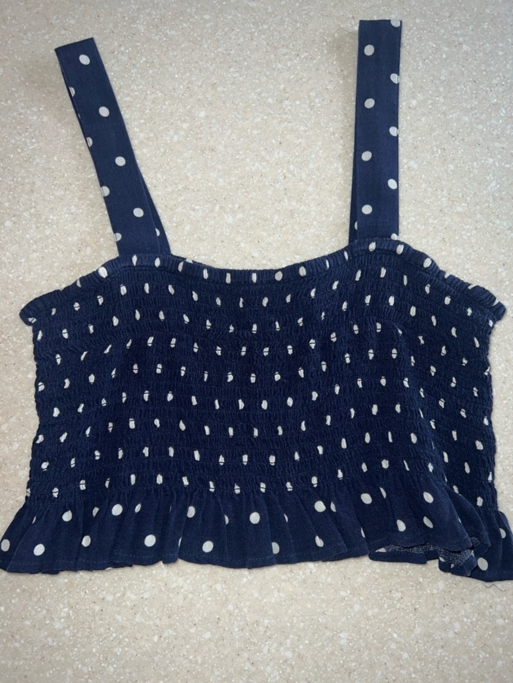 American Eagle Outfitters Navy and White Polka Dot Smocked Crop Cami
